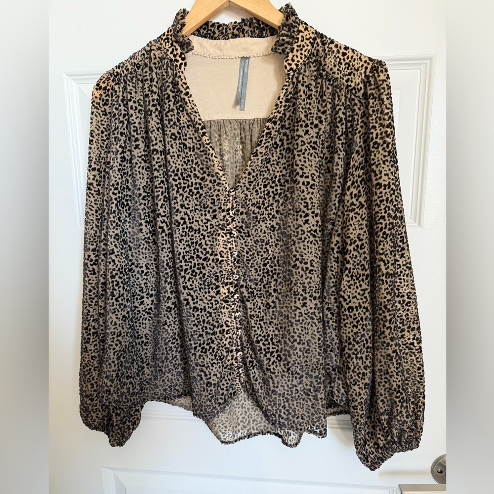 Anthropologie Sheer Leopard Flocked Velvet BlouseBoho Ruffle Balloon Sleeve - Picture 2 of 10